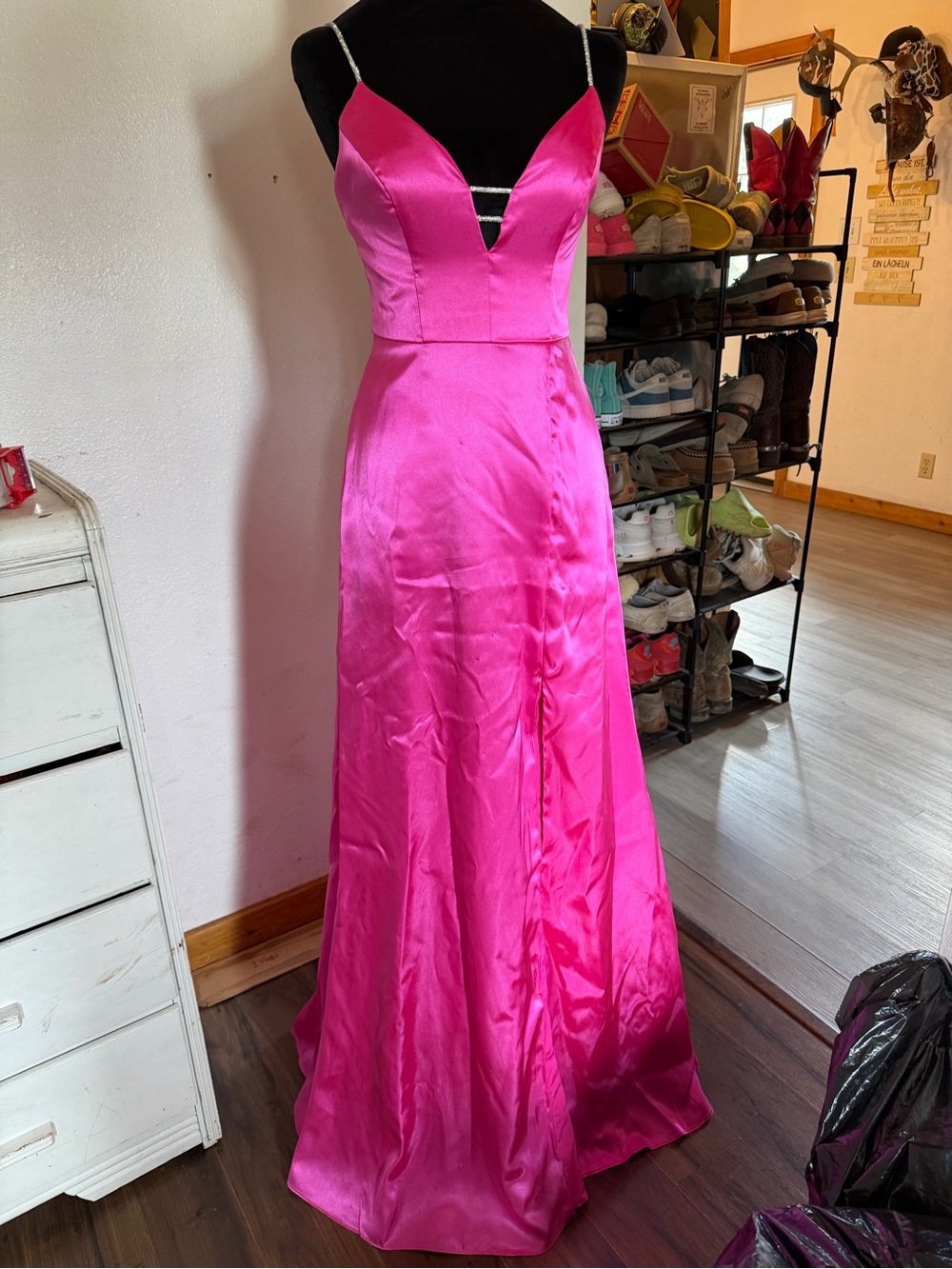 Hot Pink Satin Prom Gown with Rhinestone Spaghetti Straps